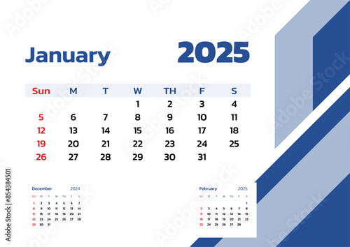 January 2025 Calendar. Week start on Sunday. Desk calendar 2025 design, simple and clean design, Wall calendar for print, digital calendar, Corporate design planner template vector.