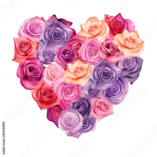 Heart-shaped arrangement of colorful roses, blending shades of pink, purple, and red, creating a romantic floral artwork perfect for Valentine's Day. © kamon