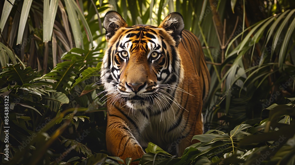 Majestic Tiger Prowling in Lush Jungle Foliage with Glinting Eyes Majestic Tiger Prowling in Lush Jungle Foliage with Glinting Eyes