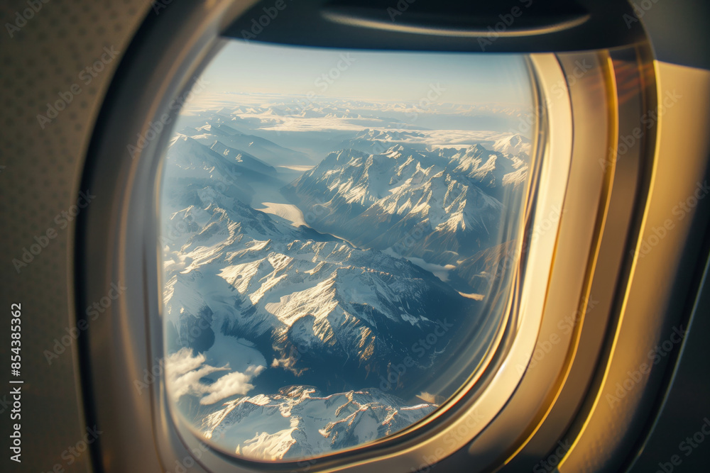 View of the mountains from an airplane window, close-up photo View of the mountains from an airplane window, close-up photo