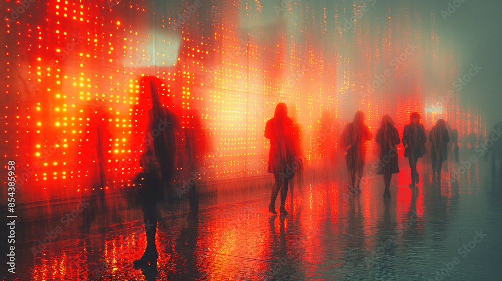 A group of people walking in the rain, with a bright red wall in the background. Scene is somewhat eerie and mysterious, as the people are silhouetted against the bright red wall A group of people walking in the rain, with a bright red wall in the background. Scene is somewhat eerie and mysterious, as the people are silhouetted against the bright red wall