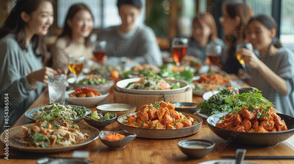 A group of people are sitting around a table with a variety of food and drinks. Scene is cheerful and social, as the people are enjoying each other's company and sharing a meal together A group of people are sitting around a table with a variety of food and drinks. Scene is cheerful and social, as the people are enjoying each other's company and sharing a meal together