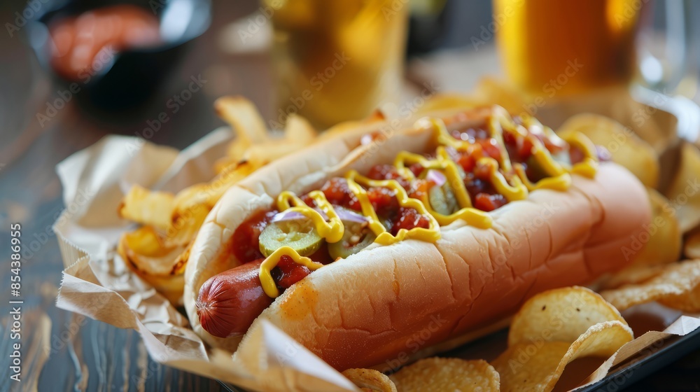 Tasty hot dog, chips and beer on table. national hot dog day Tasty hot dog, chips and beer on table. national hot dog day