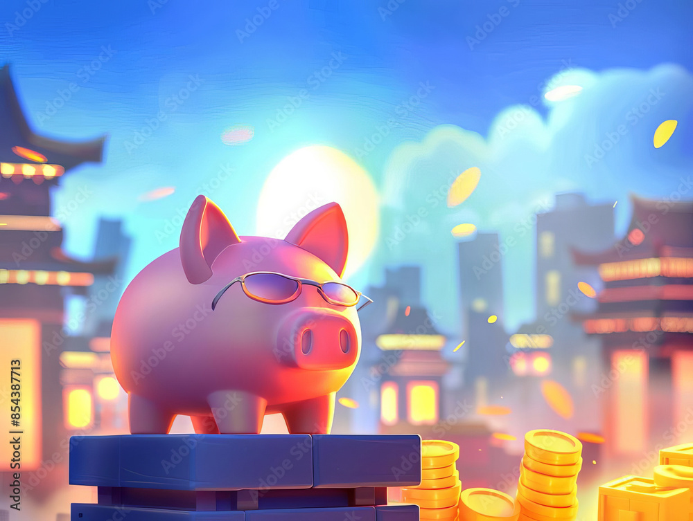 Piggy banks fortifying close up, focus on, copy space Clear and playful tones Double exposure silhouette with fortress building Piggy banks fortifying close up, focus on, copy space Clear and playful tones Double exposure silhouette with fortress building