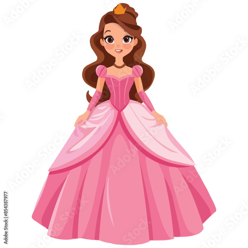Cartoon beautiful princess in Pink dress isolated on white solid background