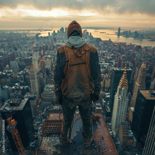 A construction worker standing on top of a skyscraper, overlooking the city, representing the human element behind the tall buildings.