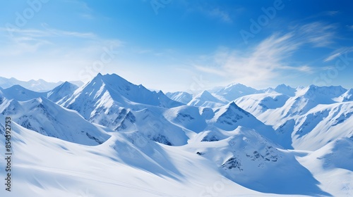 Beautiful winter mountains panorama with snowdrifts and blue sky