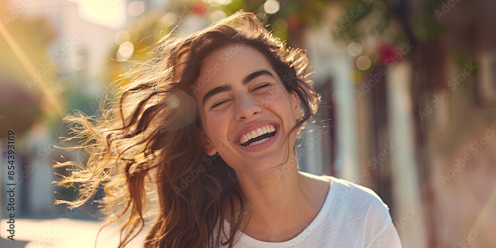 a beautiful young woman is laughing and smiling, generative AI a beautiful young woman is laughing and smiling, generative AI