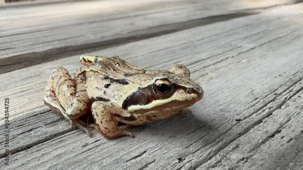 small grass frog sits quietly on a wooden surface with his webbed feet tucked under him small grass frog sits quietly on a wooden surface with his webbed feet tucked under him