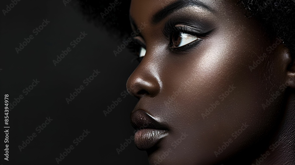 A striking close-up profile of a woman with flawless dark skin and intense, captivating eyes, showcasing the beauty of natural features. A striking close-up profile of a woman with flawless dark skin and intense, captivating eyes, showcasing the beauty of natural features.