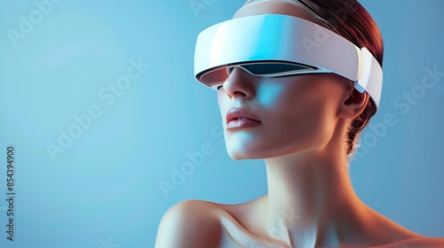 A woman wearing sleek, futuristic VR goggles gazes forward, embodying the essence of advanced technology and virtual reality in a modern, minimalist setting.