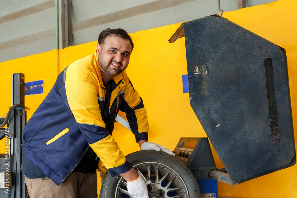 Mechanic working with a tire in an auto repair shop. Male technician in yellow and blue uniform using tools for vehicle maintenance. Professional and detailed auto repair service in industrial setting Mechanic working with a tire in an auto repair shop. Male technician in yellow and blue uniform using tools for vehicle maintenance. Professional and detailed auto repair service in industrial setting