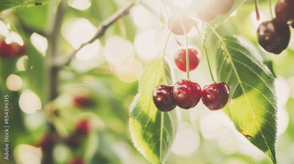 Close-up of organic cherries hanging from the branch, glistening with moisture, blurred green leaves Close-up of organic cherries hanging from the branch, glistening with moisture, blurred green leaves