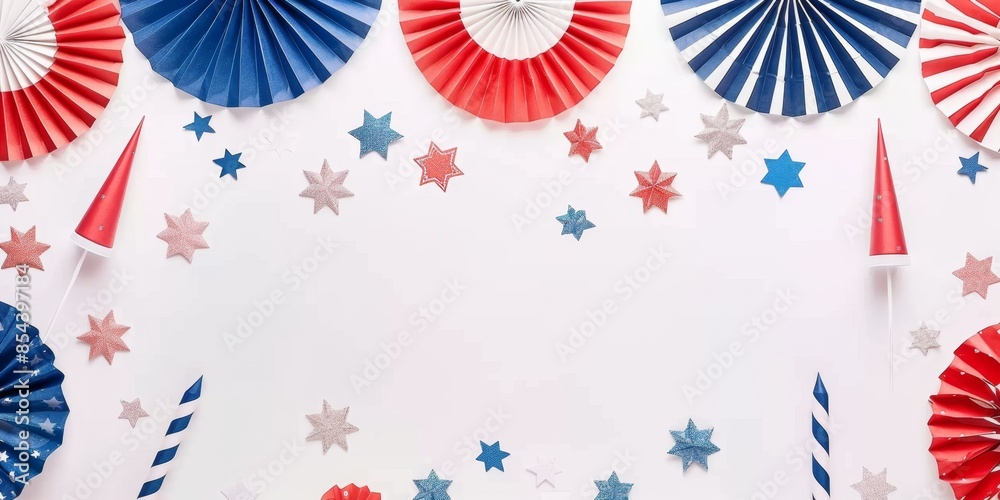 Obraz premium American Federal Holiday Banner Design with American Flag, Colorful Paper Fans, and Fireworks Rockets on White Background. Happy Independence Day, Presidents' Day, Labor Day Concept, Celebrating New Y