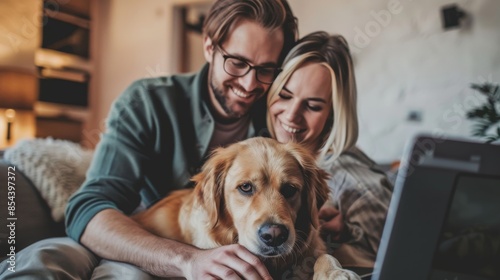 Homeowners Engaged with a Computer While Their Cute Dog Joins, Emphasizing Comfort, Technology, and Companionship in a Modern Household © nicole