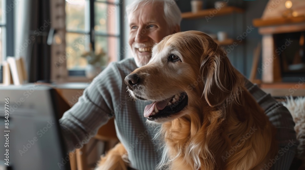 Homeowners Engaged with a Computer While Their Cute Dog Joins, Emphasizing Comfort, Technology, and Companionship in a Modern Household Homeowners Engaged with a Computer While Their Cute Dog Joins, Emphasizing Comfort, Technology, and Companionship in a Modern Household