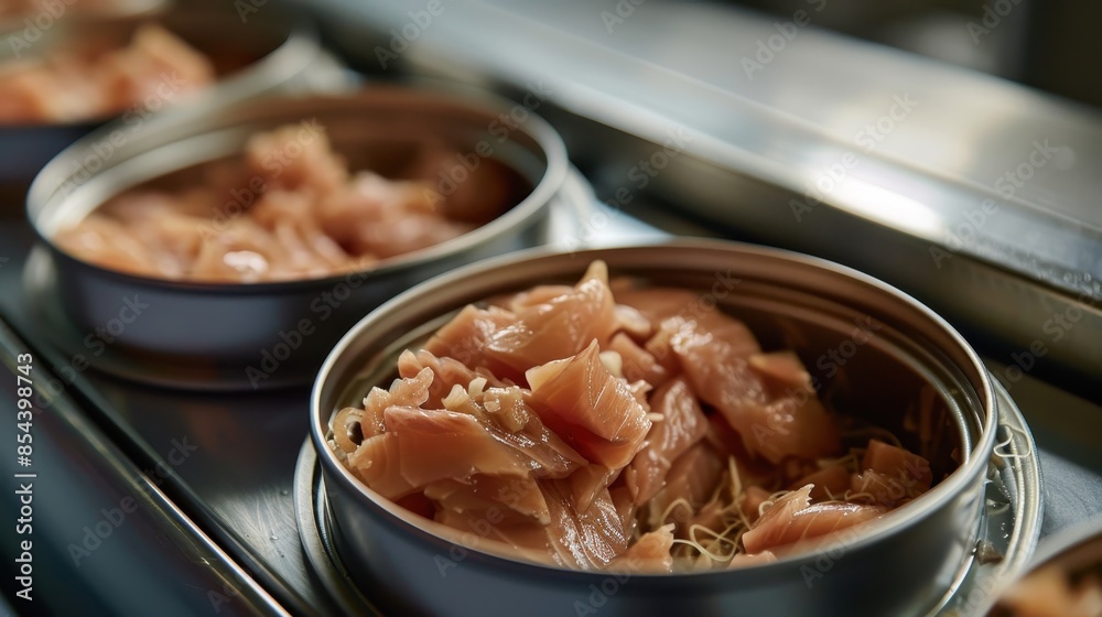 Canned salmon in metal containers, with a focus on the contents of the can in the foreground Canned salmon in metal containers, with a focus on the contents of the can in the foreground