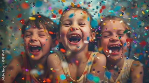 Three happy children in a moment of celebration, their joyful faces lit up, with colorful confetti falling around them