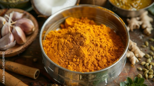 A sful of aromatic curry powder filled with turmeric cumin coriander and other tropical es ready to be added to a pot of simmering coconut milk. photo