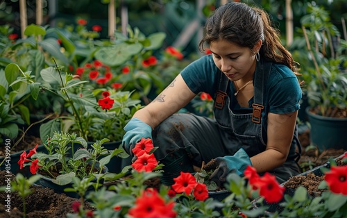 Woman working with red flowers in greenhouse, surrounded by plants and nature © Sattawat