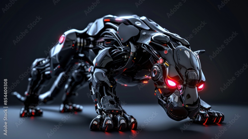 A black robotic panther with glowing red eyes, ready for Action. AI generated images A black robotic panther with glowing red eyes, ready for Action. AI generated images