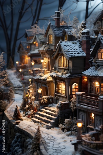 Christmas village with wooden houses in the snow. Christmas and New Year concept. © Iman