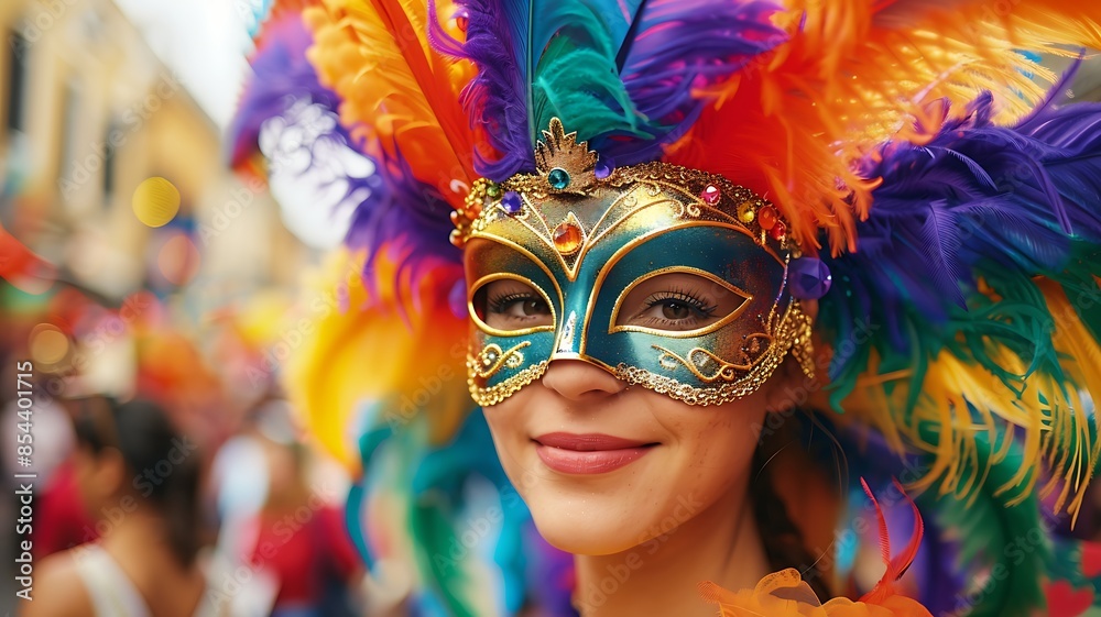 Fototapeta premium a woman with a colorful and elaborate carnival mask adorned with bright feathers, posing against a backdrop of lively carnival floats and cheerful crowds