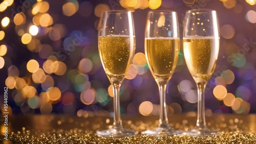 bright Glasses bokeh confetti effect background champagne gold alcohol bubble celebrate festive luxury party splash fun toast celebration christmas holiday anniversary cheer event firew. photo