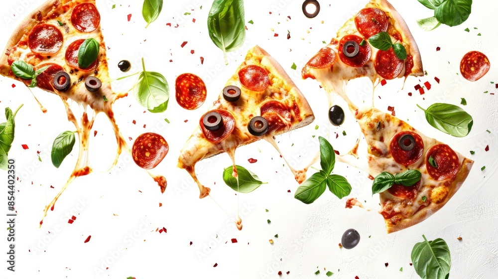 Pizza slices flying with pepperoni olives melting cheese and basil on white background Pizza slices flying with pepperoni olives melting cheese and basil on white background