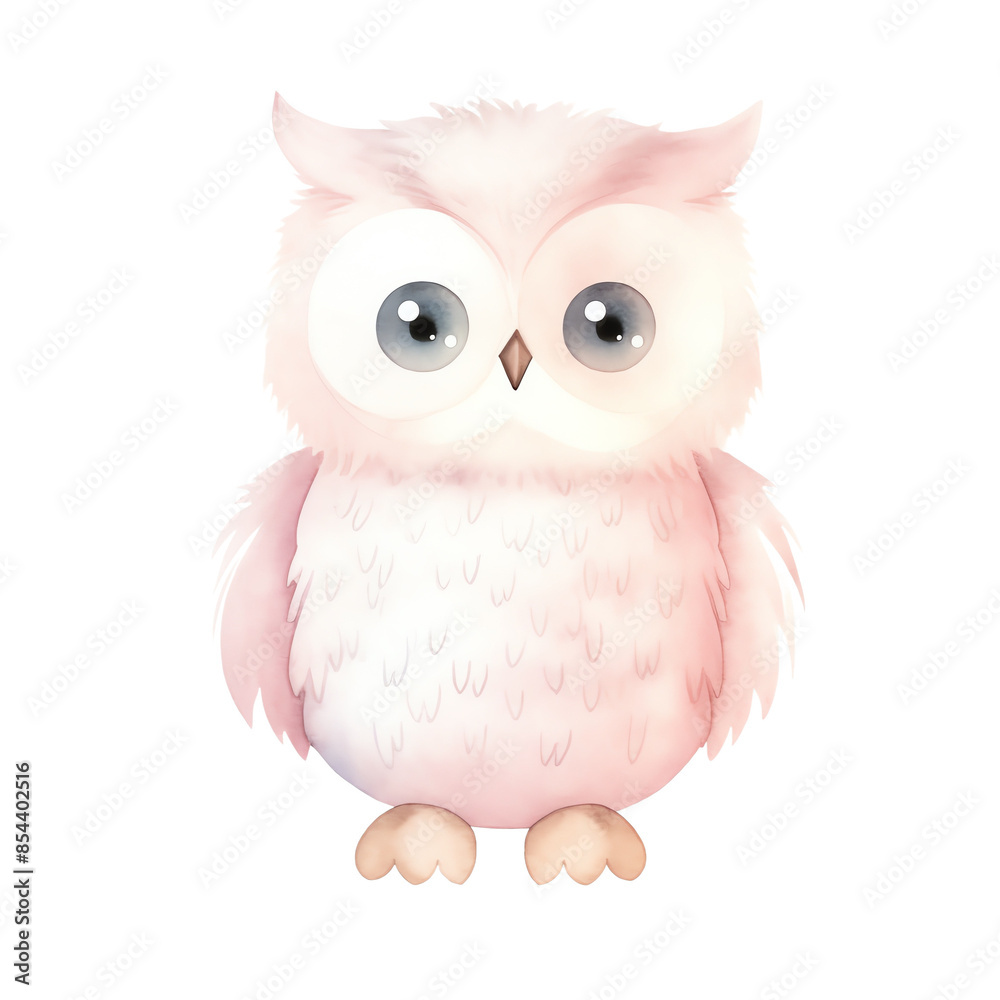 Cute pastel pink owl character illustration with wide eyes, soft feathers, and whimsical charm. Perfect for nursery or children's decor.