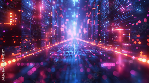 Vertical AI illustration of an abstract background featuring blue and purple lights, creating an illusion of floating in space surrounded by glowing cubes. Designed to showcase futuristic technology 
