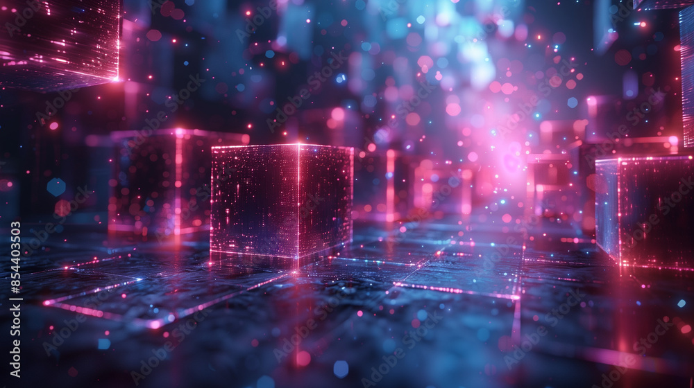 Vertical AI illustration of an abstract background featuring blue and purple lights, creating an illusion of floating in space surrounded by glowing cubes. Designed to showcase futuristic technology Vertical AI illustration of an abstract background featuring blue and purple lights, creating an illusion of floating in space surrounded by glowing cubes. Designed to showcase futuristic technology