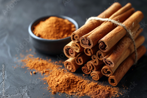 Bunch of Cinnamon bark tied together and cinnamon powder in a tiny bowl. Generative AI