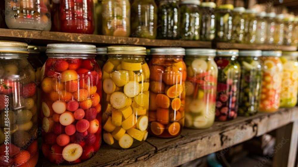 A traditional od of preserving tropical fruits through pickling with jars filled with fruit and vinegar. A traditional od of preserving tropical fruits through pickling with jars filled with fruit and vinegar.
