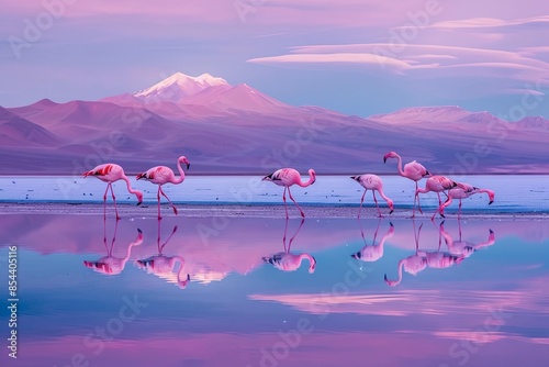 Beautiful flamingos at sunshine lagoon in mountanious photo