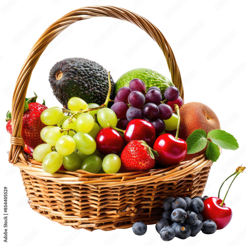 a wicker basket filled with strawberries, green grapes, red grapes, cherries, and avocado with a leaf on a white background, perfect for fresh and colorful food designs. a wicker basket filled with strawberries, green grapes, red grapes, cherries, and avocado with a leaf on a white background, perfect for fresh and colorful food designs.