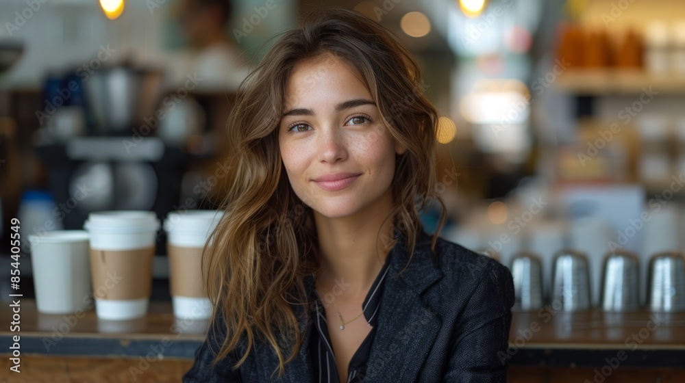 Smiling business woman taking a break in company coffee shop Smiling business woman taking a break in company coffee shop