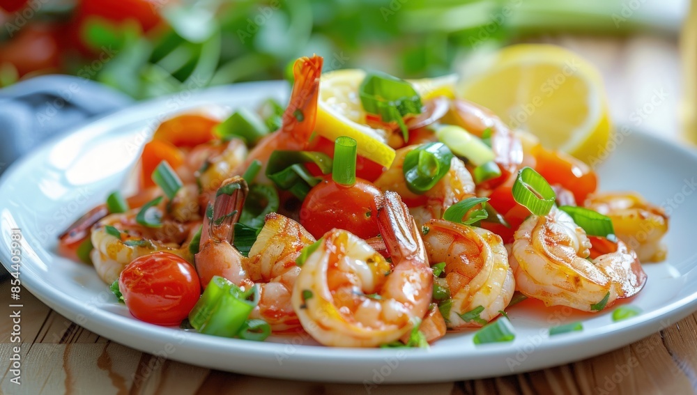 A plate of shrimp and vegetables with a lemon wedge on the side. Generate AI image A plate of shrimp and vegetables with a lemon wedge on the side. Generate AI image