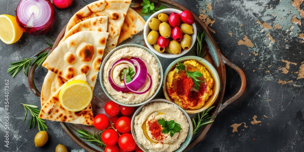 A plate of food with a variety of vegetables and dips. Generate AI image A plate of food with a variety of vegetables and dips. Generate AI image