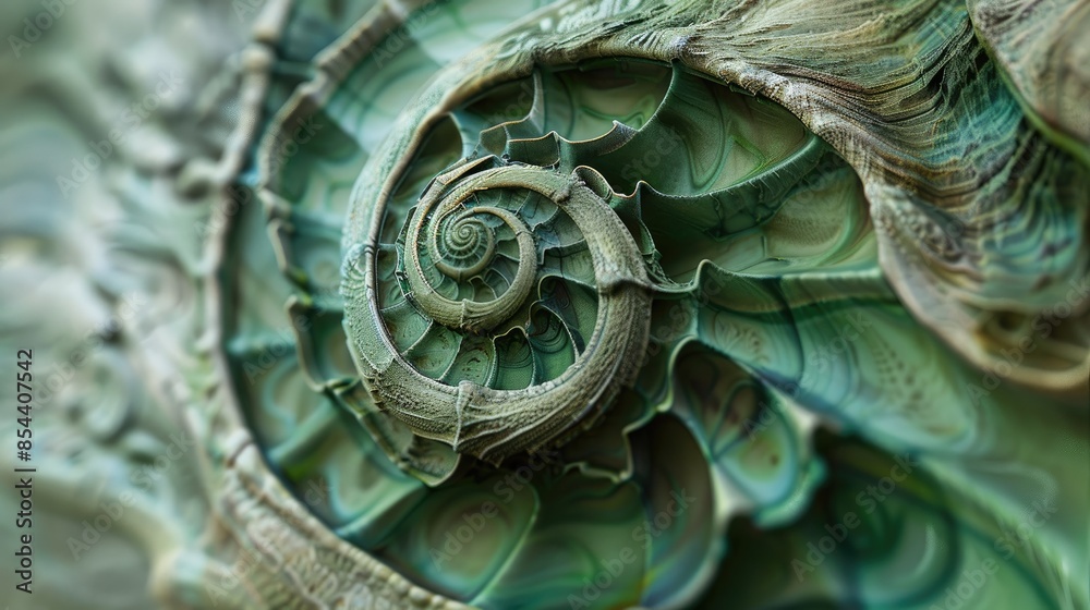 Detailed view of a textured green spiral and twisted shell Detailed view of a textured green spiral and twisted shell