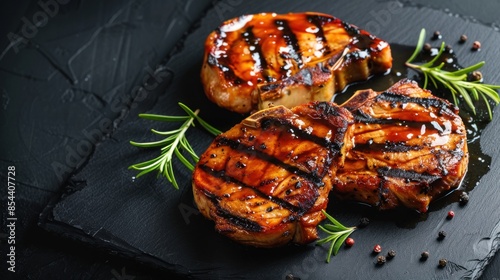 Close-up of grilled BBQ pork chops with grill marks, served on a minimalist black slate board. photo