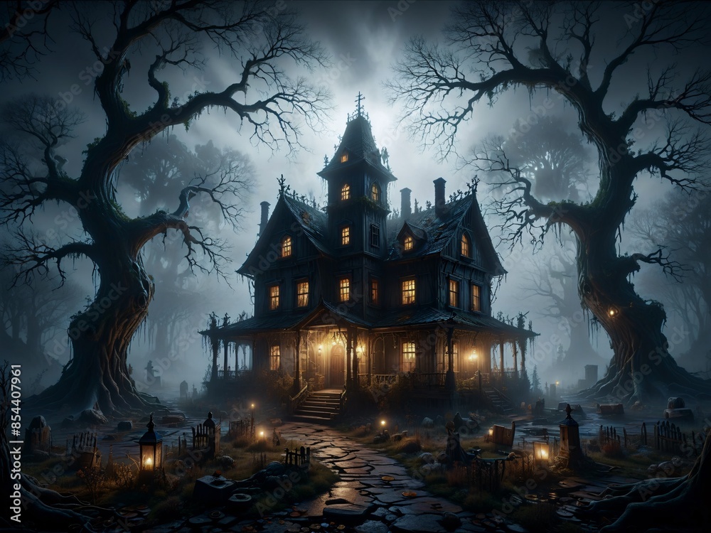 halloween night scene with castle