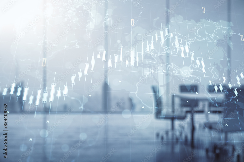 Multi exposure of virtual abstract financial chart hologram and world map on a modern meeting room background, research and analytics concept Multi exposure of virtual abstract financial chart hologram and world map on a modern meeting room background, research and analytics concept
