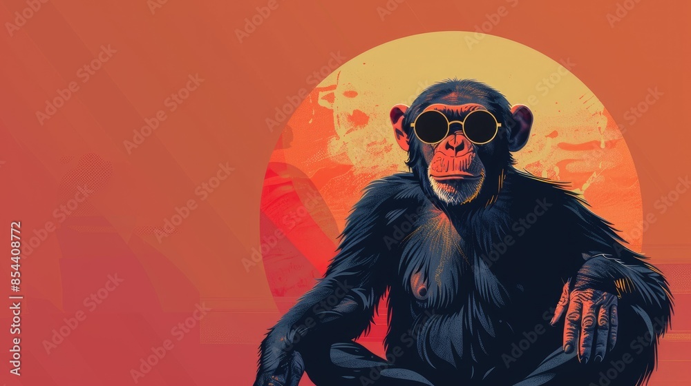 A business savvy monkey strikes a Zen pose against a serene backdrop in this sleek 2d design A business savvy monkey strikes a Zen pose against a serene backdrop in this sleek 2d design