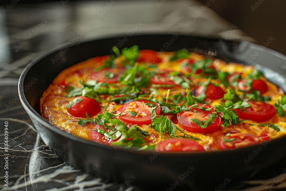 Omelet on a plate on a marble background.
Omelet on a plate on a marble background.