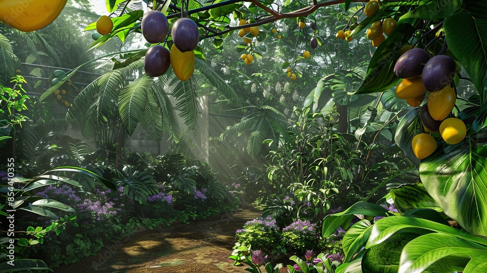 imagine a lush tropical garden with passion fruit vines weaving through ...