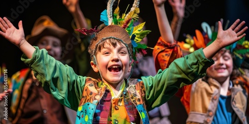 The children are performing on stage in a school play. They are dressed in colorful costumes and are all smiling and having fun.