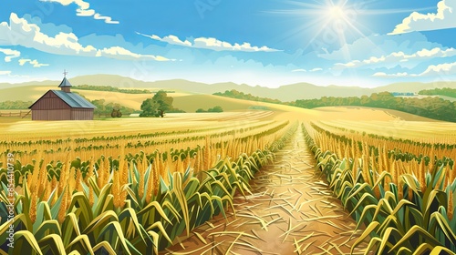 imagine a picturesque cornfield under a clear blue sky on a sunny day. Show rows of tall, healthy cornstalks with golden ears of corn ready for harvest.  photo
