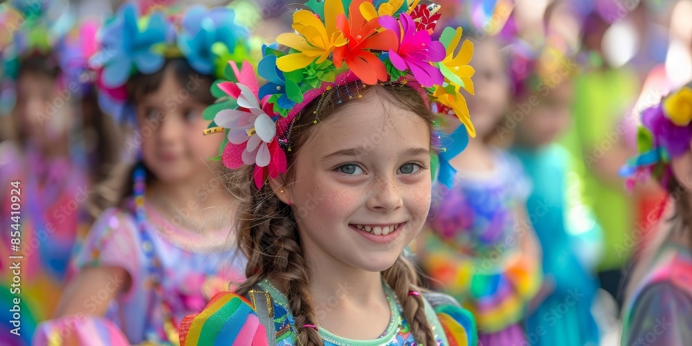 The photo shows a young girl in a colorful flower headdress smiling at the camera The photo shows a young girl in a colorful flower headdress smiling at the camera