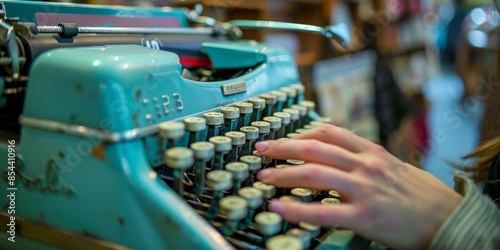 The photo shows a person using a vintage typewriter. The typewriter is blue and has round keys. The person's hand is poised over the keys.